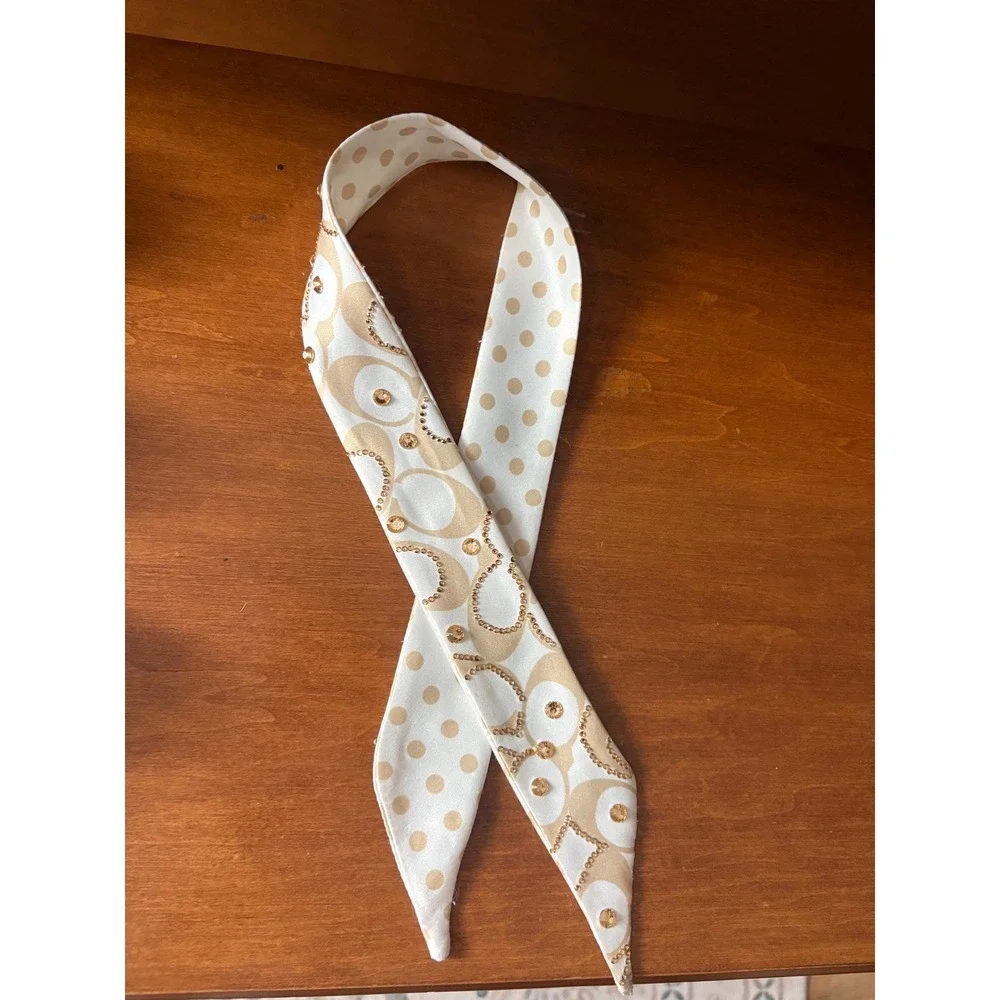 Coach Skinny Scarf Signature C Monogram Polka Dot Crystal Embellished Cream Gold